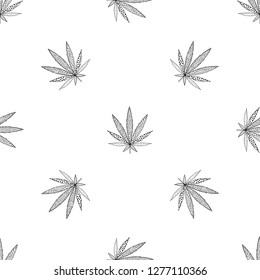 Cannabis seamless pattern. Hand drawn Marijuana floral pattern. Flat leaf of weed cannabis, monochrome black and whit. Marijuana design element seamless for fabric vector illustration.