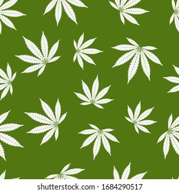 Cannabis seamless pattern. Marijuana leaf, white weed plant. Hashish texture, isolated green background. Hemp psychedelic grass. Fabric print for medical wallpaper. Simple design. Vector illustration