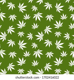  El cannabis sigue un patrón transparente. Hojas de marihuana, planta de hierba blanca. Textura hachís, fondo verde aislado. hierba psicodélica de cáñamo. Impresión de tela para papel tapiz médico. Diseño sencillo. Ilustración del vector