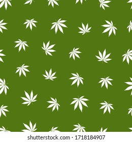El cannabis sigue un patrón transparente. Hojas de marihuana, planta de hierba blanca. Textura hachís, fondo verde aislado. hierba psicodélica de cáñamo. Impresión de tela para papel tapiz médico. Diseño sencillo. Ilustración del vector