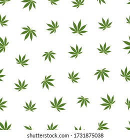 Patrón sin fisuras de cannabis. Hojas de marihuana, planta de hierba verde. Textura hachís, fondo blanco aislado. Hierba psicodélica del cáñamo. Impresión de tela para papel tapiz médico. Diseño sencillo. Ilustración del vector