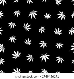 Cannabis nahtloses Muster. Marihuana-Blätter, weiße Unkrautpflanze. Haschische Textur, einzeln auf schwarzem Hintergrund. Hanf psychedelisches Gras. Stoffdruck für medizinische Tapeten. Einfaches Design. Vektorgrafik
