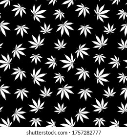 Cannabis seamless pattern. Marijuana leaf, white weed plant. Hashish texture, isolated black background. Hemp psychedelic grass. Fabric print for medical wallpaper. Simple design. Vector illustration