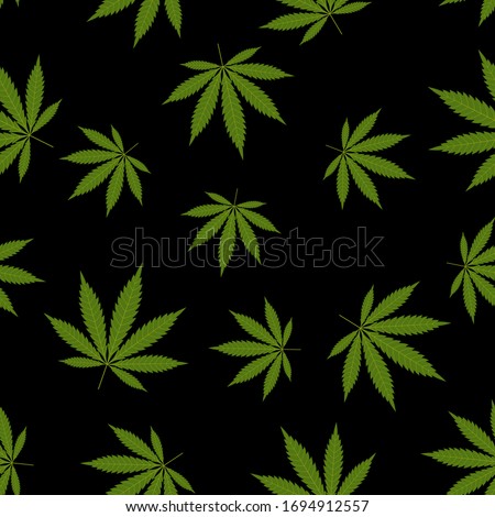 Cannabis seamless pattern. Marijuana leaf, green weed plant. Hashish texture, isolated black background. Hemp psychedelic grass. Fabric print for medical wallpaper. Simple design. Vector illustration