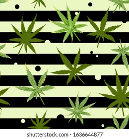 Cannabis seamless pattern with marijuana leaves, leaf silhouette, black and bright green strips, round dots. Vector illustration in flat simple trendy style.