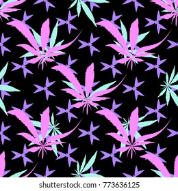 cannabis seamless pattern for print on fabric men's women's clothing t-shirts dresses textiles pink abstract bright on black background