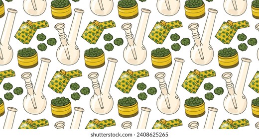 Cannabis seamless pattern with smoking bong, marijuana buds, greender, lighter. Marijuana weed background.