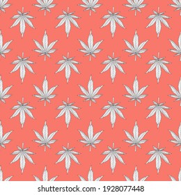 Cannabis seamless pattern. White hemp leaves on an orange background. Marijuana pattern vector illustration