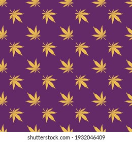 Patrón sin fisuras de cannabis. El cáñamo amarillo sale sobre un fondo morado. Ilustración vectorial de patrón de marihuana