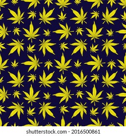 Cannabis seamless pattern. Yellow hemp leaves on a black background. Marijuana pattern vector illustration