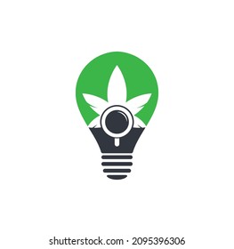 Plantilla vectorial de diseño del logotipo de la bombilla de búsqueda de cannabis. Combinación de la hoja de marihuana y el logotipo de la lupa. Símbolo o icono de Hemp y de aumento