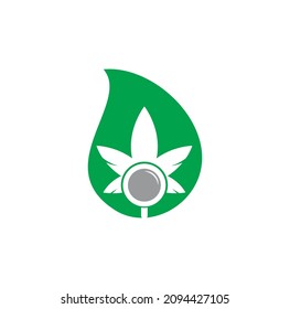 Plantilla vectorial de diseño del logotipo de la forma de la búsqueda de cannabis. Combinación de la hoja de marihuana y el logotipo de la lupa. Símbolo o ícono de aumento y aumento.