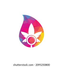 Cannabis Search Drop Form Logo Design Vektorvorlage. Marijuana Loupe Logo Kombination. Hanf und Vergrößerungssymbol oder Symbol.