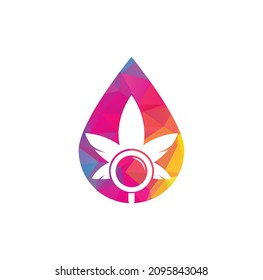 Plantilla vectorial de diseño del logotipo de la forma de la búsqueda de cannabis. Combinación de la hoja de marihuana y el logotipo de la lupa. Símbolo o ícono de aumento y aumento.
