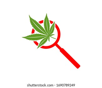Plantilla vectorial de diseño del logotipo de búsqueda de cannabis. Canabis creativo con fondo blanco