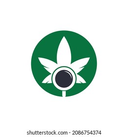 Plantilla vectorial de diseño del logotipo de búsqueda de cannabis. Combinación de la hoja de marihuana y el logotipo de la lupa. Símbolo o ícono de aumento y aumento.	