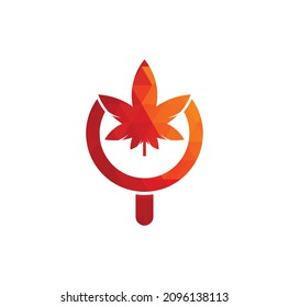 Plantilla vectorial de diseño del logotipo de búsqueda de cannabis. Combinación de la hoja de marihuana y el logotipo de la lupa. Símbolo o ícono de aumento y aumento.	