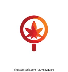 Plantilla vectorial de diseño del logotipo de búsqueda de cannabis. Combinación de la hoja de marihuana y el logotipo de la lupa. Símbolo o ícono de aumento y aumento.	