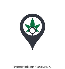 Plantilla vectorial de diseño del logotipo de la forma del pin del mapa de búsqueda de cannabis. Combinación de la hoja de marihuana y el logotipo de la lupa. Símbolo o ícono de aumento y aumento.
