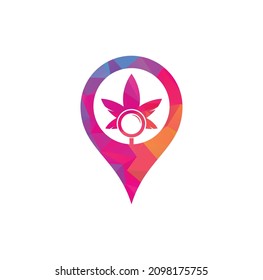 Cannabis Search map pin shape logo design vector template. Marijuana leaf and loupe logo combination. 