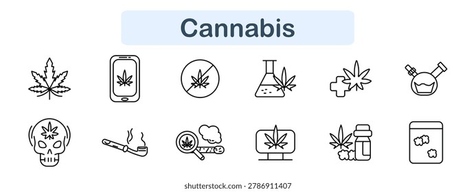 Cannabis set icon. Leaf, smartphone, prohibition, lab flask, medical cross, bong, skull, pipe, joint, screen, oil bottle, jar, marijuana use, legalization, drug culture.