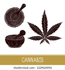 Cannabis. Sheet, mortar, spoon, bowl, powder. Black silhouette on white background. Set