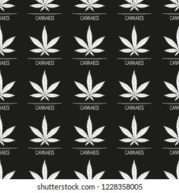 Cannabis. Sheet. Wallpaper, texture, seamless. White silhouette on black background. Text.
