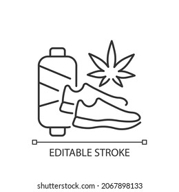 Cannabis Shoes Linear Icon. Sustainable Footwear Manufacturing. Vegan Weed Sneakers. Thin Line Customizable Illustration. Contour Symbol. Vector Isolated Outline Drawing. Editable Stroke