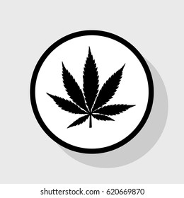 Cannabis sign illustration. Vector. Flat black icon in white circle with shadow at gray background.