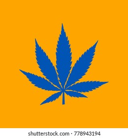 Cannabis sign illustration. Vector. Medium teal blue icon on orange background.