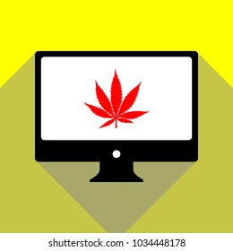 Cannabis sign illustration. Vector. Red icon on white monitor of black all-in-one desktop computer with two shadows at yellow background.
