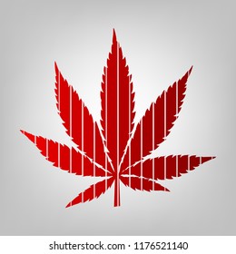 Cannabis sign illustration. Vector. Vertically divided icon with colors from reddish gradient in gray background with light in center.