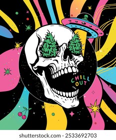 Cannabis skull head in a portal to space with an alien spaceship. Trippy Psychedelic weed trip to outer space. Cannabis universe, thc, cbd, stars, vector