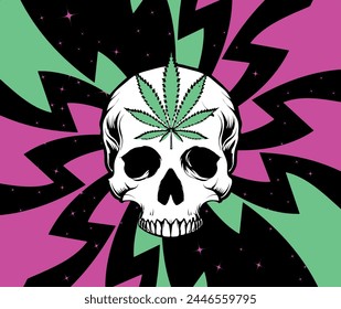 Vector de calavera de cannabis. Trippy cara muerta. Tríptico fondo