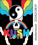 Cannabis skull yin yang art poster. Psychedelic trippy skull poster. Rainbow space artistic concept