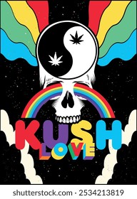 Cráneo de cannabis yin yang cartel de arte. Póster psicodélico del cráneo. Concepto artístico del espacio del arco iris