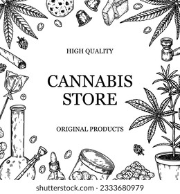 Cannabis-Quadrat-Design für Verpackung, Social-Media-Posts, Dekoration, Branding, Zertifikate. Marijuana Vektorgrafik im Skizzenstil. Hanf-gravierter Hintergrund