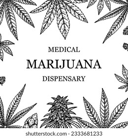 Cannabis-Quadrat-Design für Verpackung, Social-Media-Posts, Dekoration, Branding, Zertifikate. Marijuana Vektorgrafik im Skizzenstil. Hanf-gravierter Hintergrund