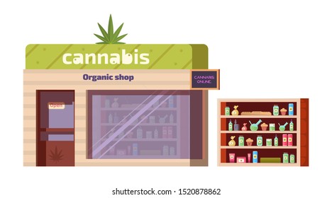 Cannabis Store, Marijuana Organic Shop With Equipment And Accessories For Smoking Standing On Shelf, Storing Medical Products And Food, Online Order Service, Weed Purchase. Cartoon Vector Illustration