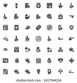 Cannabis store vector icons set, modern solid symbol collection, Marijuana shop filled style pictogram pack. Signs, logo illustration. Set includes icons as marijuana leaf, hemp oil, cocaine powder