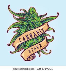 Cannabis store weed leaf plant with classic ribbon scroll illustrations vector illustrations for your work logo, merchandise t-shirt, stickers and label designs, poster, greeting cards advertising 