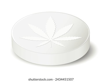 Comprimido de cannabis con hoja de cannabis,
Ilustración vectorial aislada sobre fondo blanco
