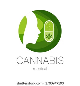 Cannabis en el logotipo vectorial de la cápsula de la pastilla para medicamentos y médicos. Símbolo médico de marihuana. Productos farmacéuticos vegetales y hojas para la salud. ... Perfil de cabeza de silueta humana en círculo verde