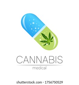 Cannabis in der Tablettenkapsel Vektor Logotyp für Arzneimittel und Arzt. Medizinisches Marihuana-Symbol. Arzneimittel mit Pflanzen und Blättern für die Gesundheit. Konzept Zeichen von grünem Kraut. Grün auf Weiß.