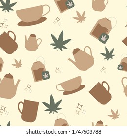 Diseño plano de té de cannabis sin fisuras. Copas, bolsas, teteras y hojas de marihuana. 