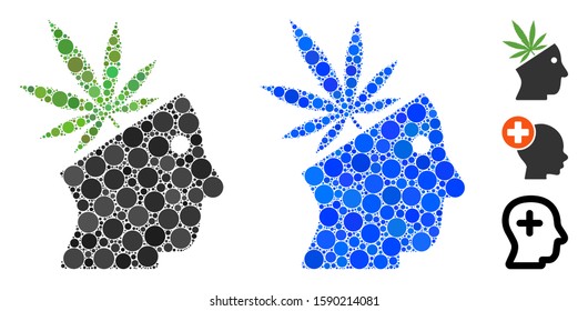 Cannabis thinking head mosaic of circle elements in various sizes and shades, based on cannabis thinking head icon. Vector round elements are combined into blue mosaic.