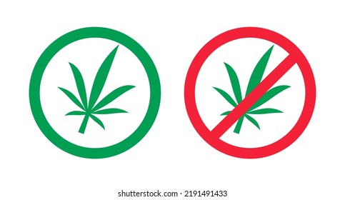 Se permite el uso de cannabis y se prohíbe el uso de cannabis. El cannabis es legal y el cannabis ilegal. Marihuana. Vector.