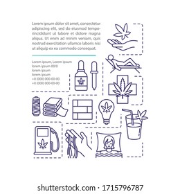 Icono de concepto de uso de cannabis con texto. Aplicaciones de marihuana. Medicina, combustible y materiales de construcción. Plantilla vectorial de página PPT. Folleto, revista, elemento de diseño del folleto con ilustraciones lineales