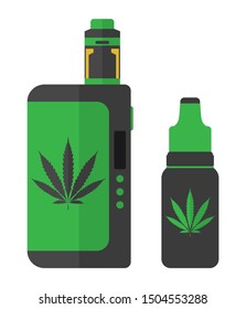 Cannabis vaping illustration. Liquid bottle and box mod with cannabis sign. Vector illustration EPS10.