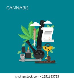 Cannabis vector flat style design illustration. Cigarette, pipe, lighter, plant leaf, bong, prescription. Medical marijuana recipe concept for web banner, website page etc.